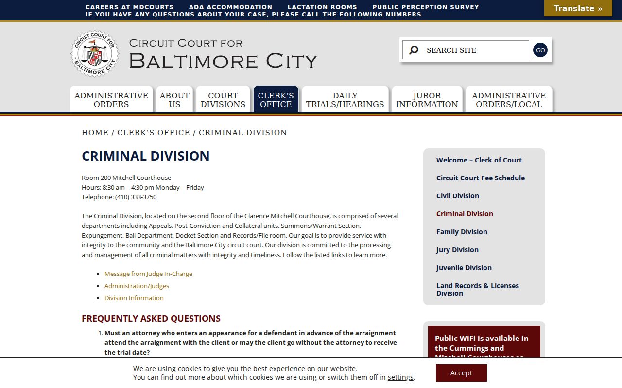 Circuit Court for Baltimore City Criminal Division page naming the Summons and Warrant Section