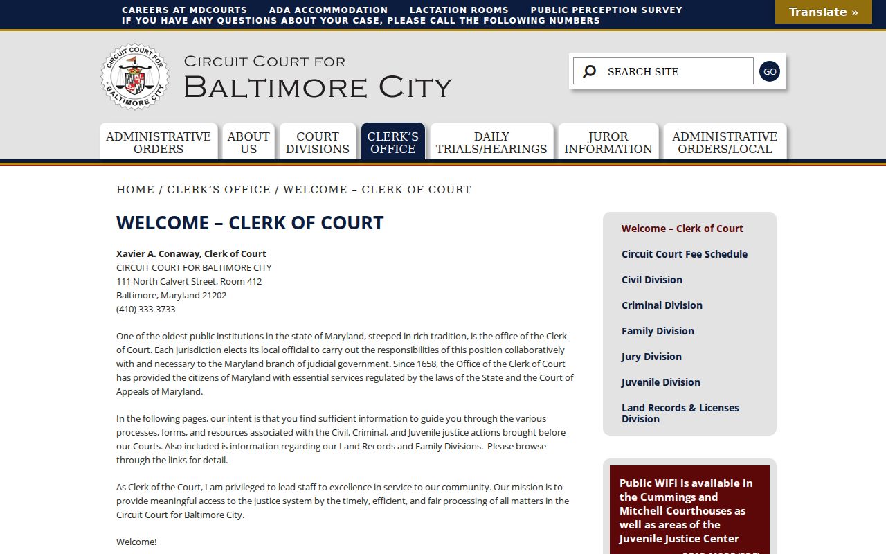 Clerk of the Circuit Court for Baltimore City contact page used for Baltimore City warrant records