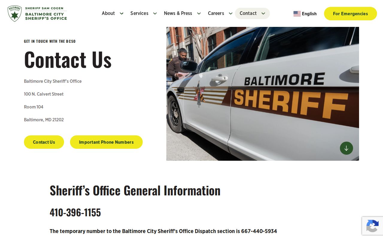 Baltimore City Sheriff's Office address and phone list for arrest warrant questions
