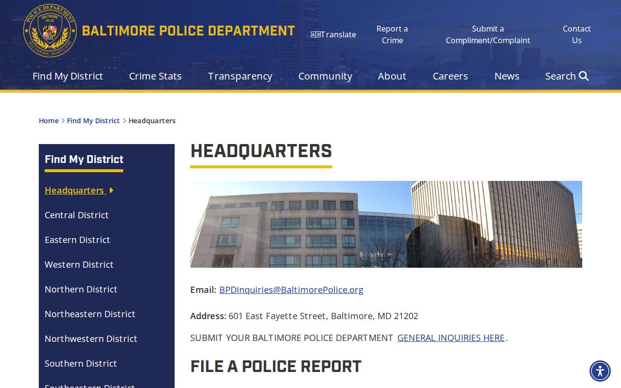 Baltimore Police Department headquarters contact page used for Baltimore City warrant case routing