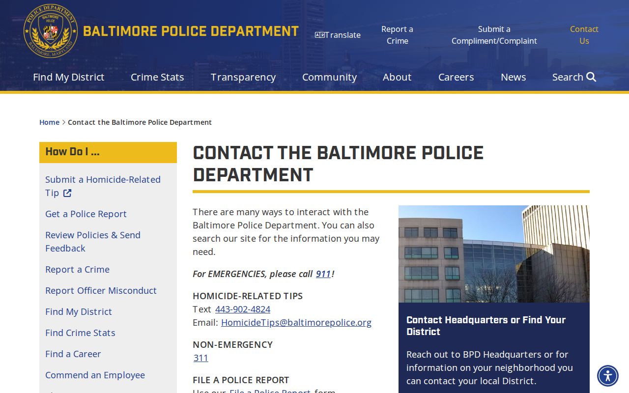 Baltimore Police Department contact page for Baltimore City municipal citation warrant questions