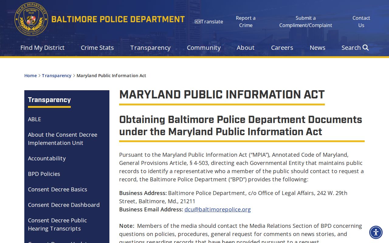Baltimore Police Department public information request page for Baltimore City warrant records