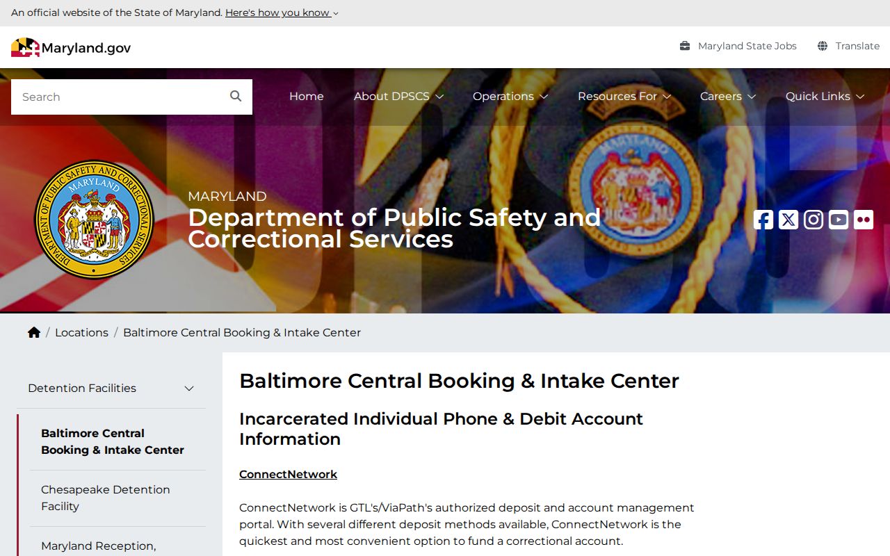 Baltimore Central Booking and Intake Center page for Baltimore City arrest warrant processing