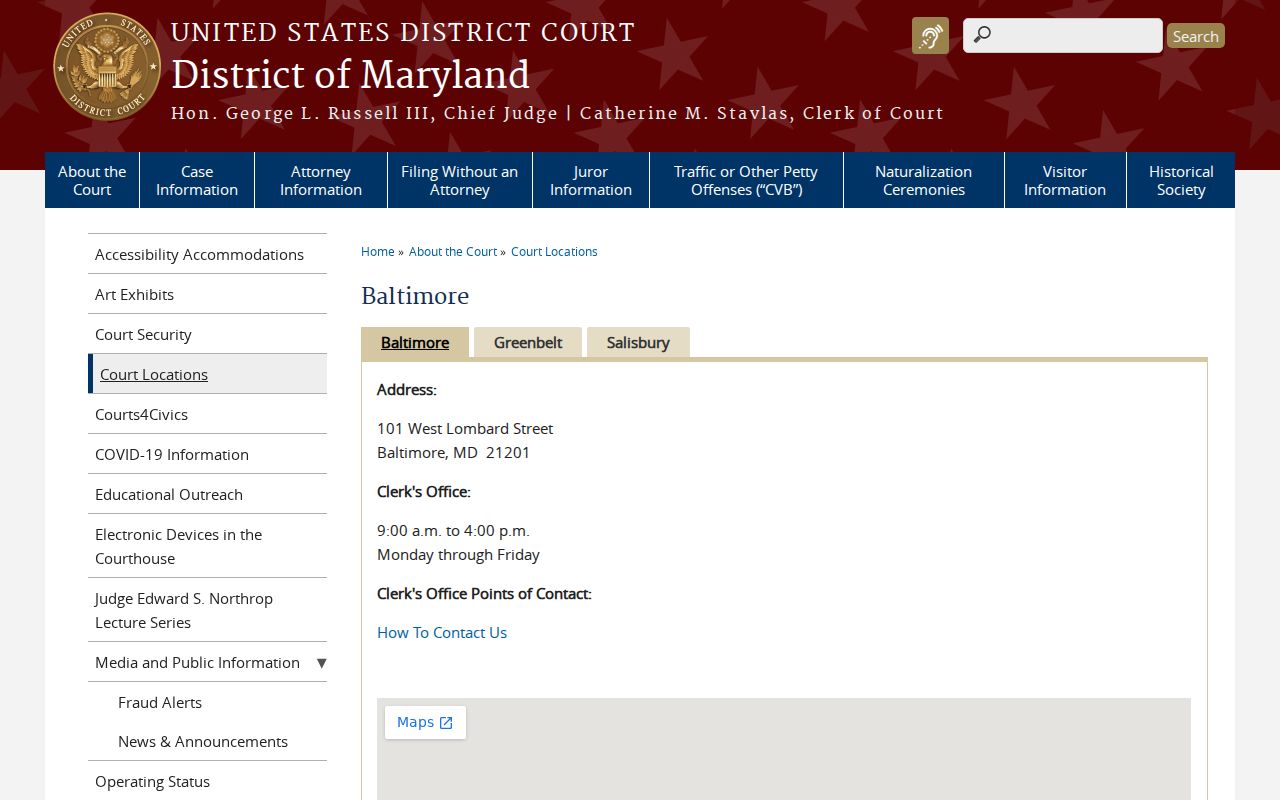 U.S. District Court Baltimore Division page for federal fugitive warrant cases