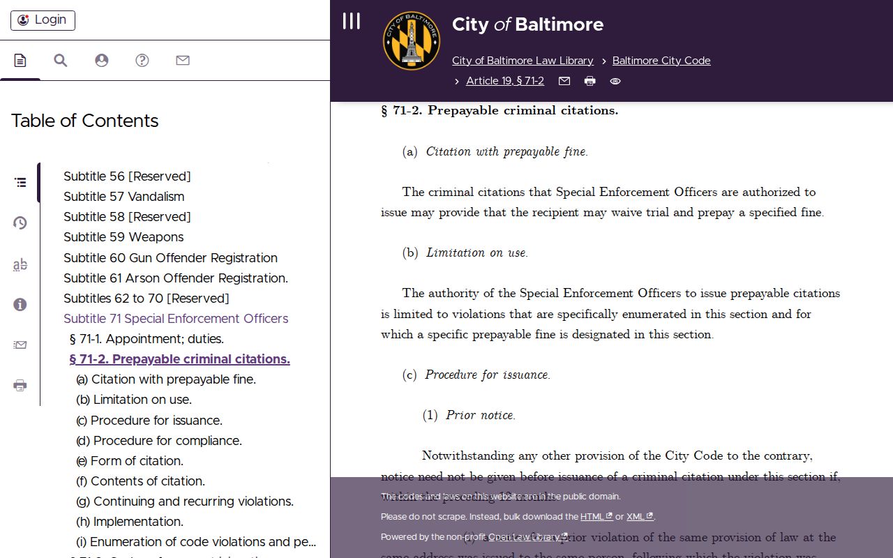 Baltimore City Code citation rule showing when a bench warrant may issue for Baltimore City traffic cases