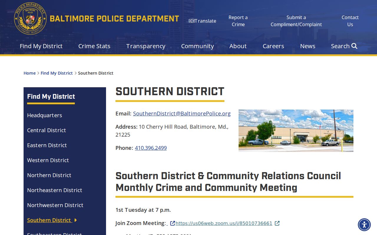Baltimore Police Department district page used for Baltimore City warrant case routing
