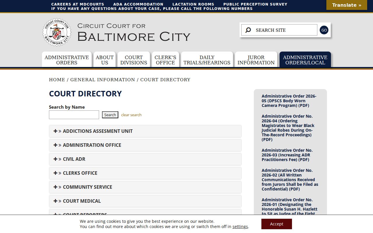 Circuit Court for Baltimore City directory page for bench warrant records